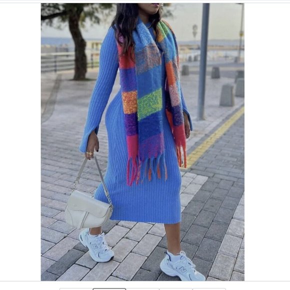 ZARA WOMAN STRETCH LONG SLEEVE BABY BLUE RIBBED KNIT MIDI MAXI DRESS $89.90 - Picture 12 of 15